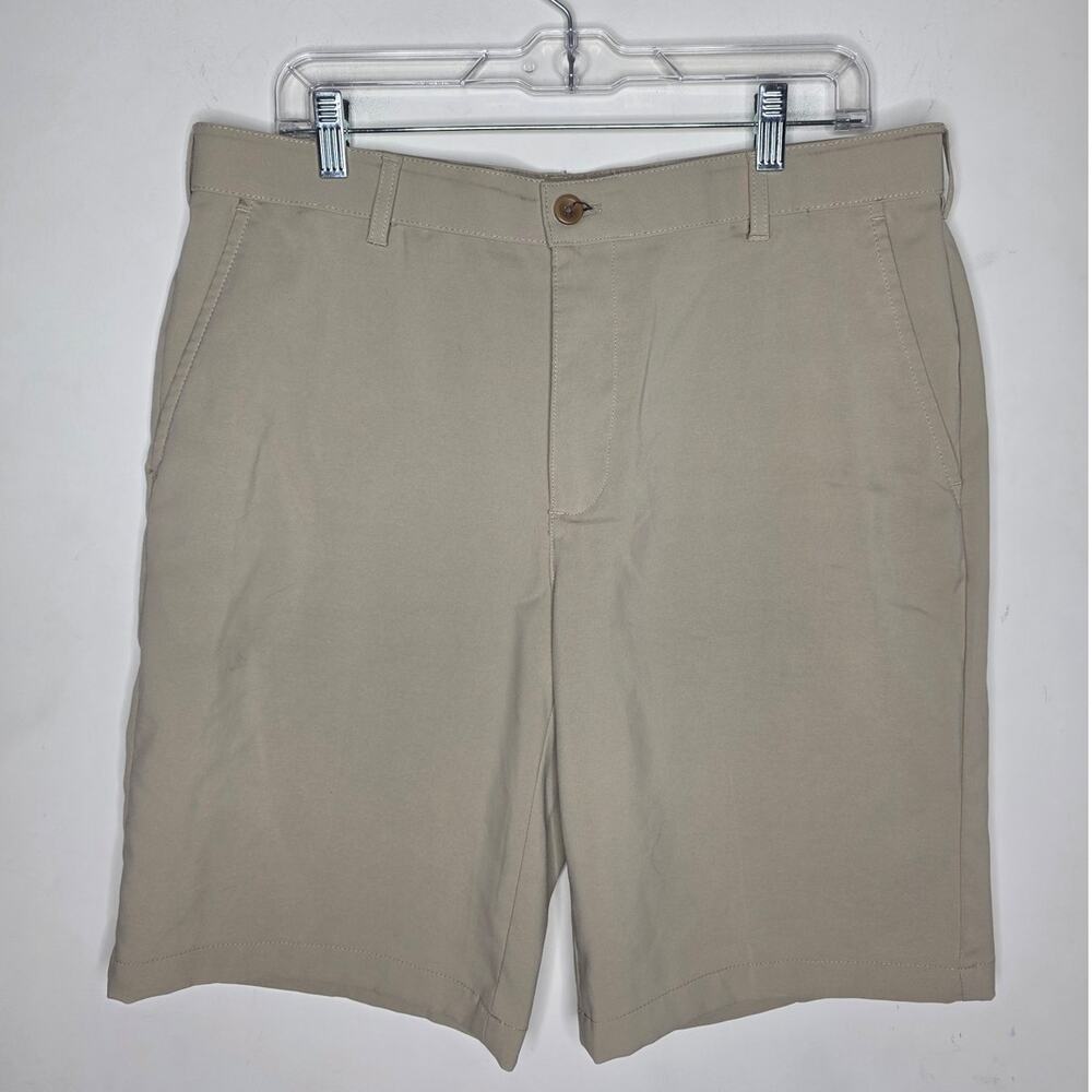 Izod light khaki tan flat front golf athletic shorts - 34